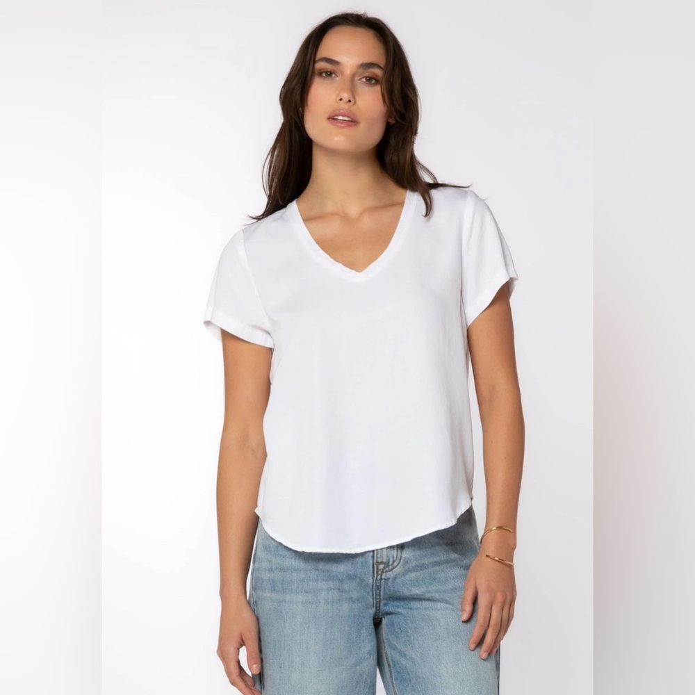 Loft L white V neck top tee blouse linen like cotton shirt